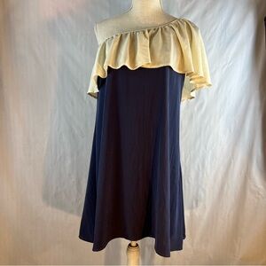 Basically Me  Mini Dress Navy Blue One Shoulder Cream Ruffle Neckline L